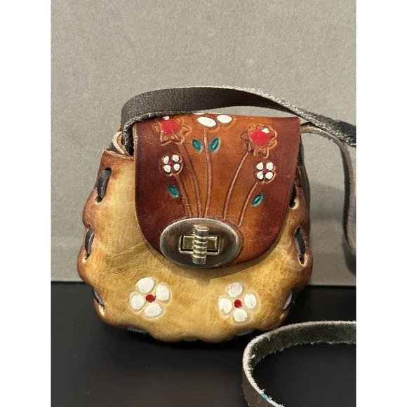 Vintage Mexican Folk Art Leather‎ Mini Crossbody Bag - Picture 2 of 7